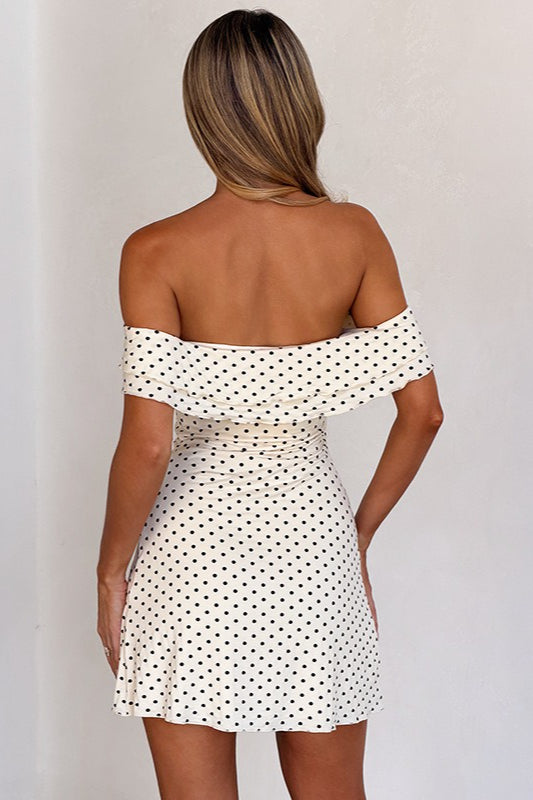 Off Shoulder Polka Dot Twist Front Ruffle Sleeve Bodycon Mini Dress