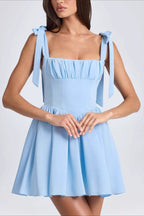 Square Neck Bow Tie Strap Corset Basque Waist Flared Mini Dress