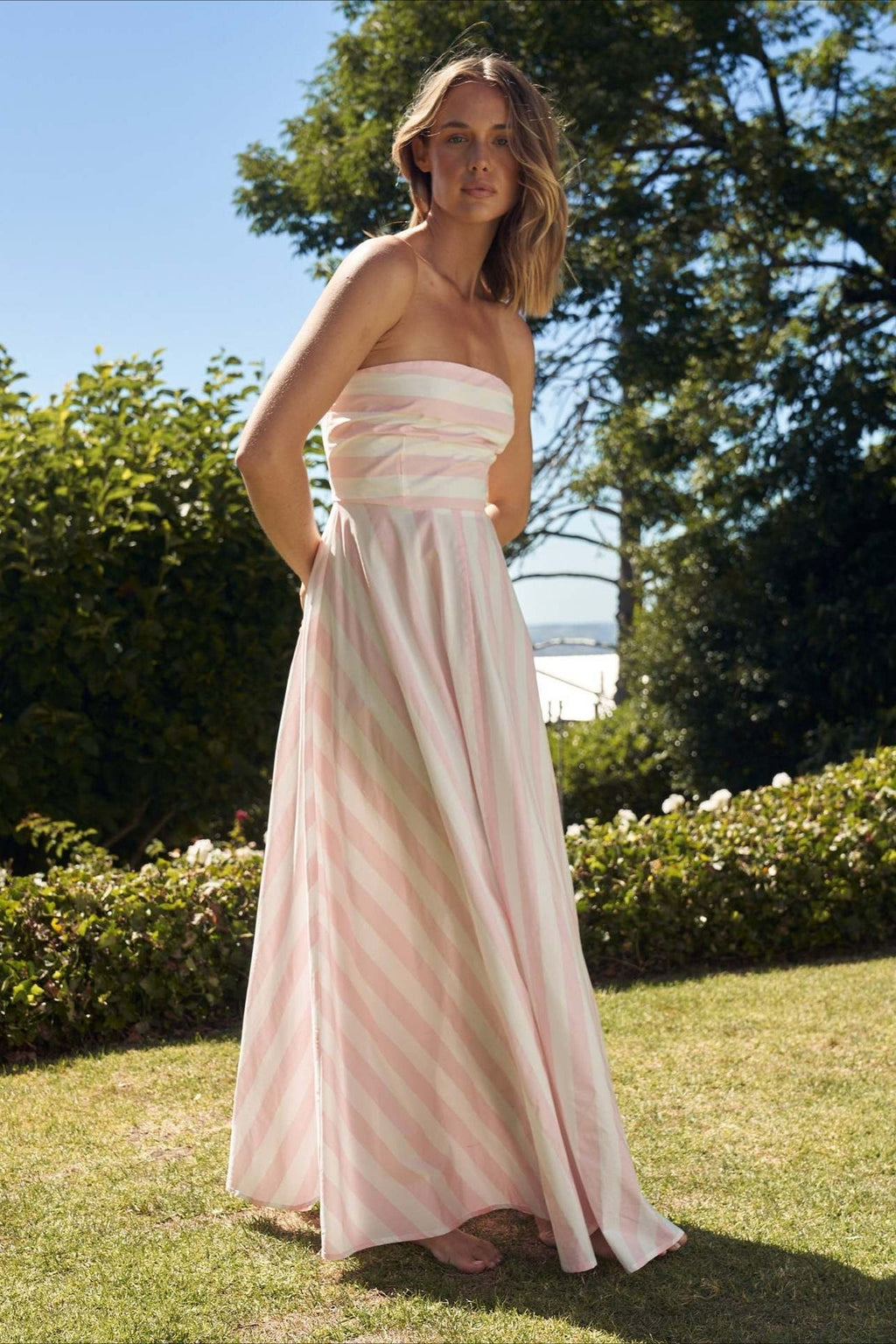 Spaghetti Strap Horizontal Diagonal Stripe A Line Maxi Dress