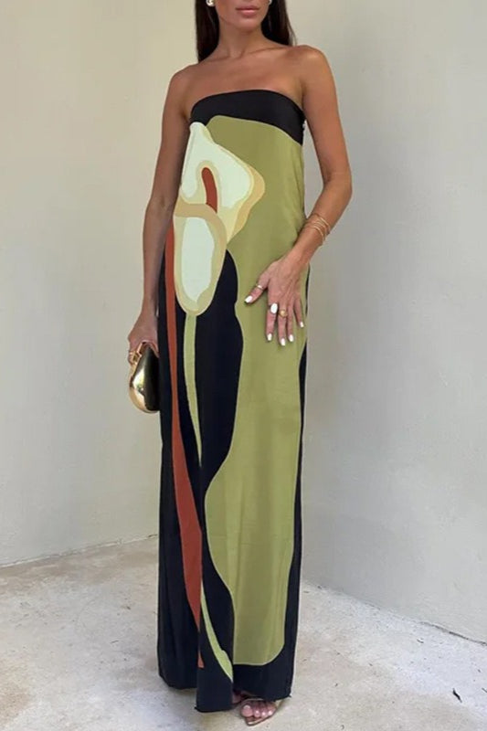 Strapless Oversized Abstract Floral Placement Print Column Maxi Dress