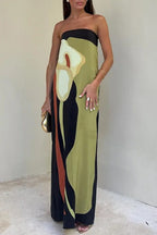 Strapless Oversized Abstract Floral Placement Print Column Maxi Dress