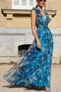 Tulle Abstract Brushstroke Print V-Neck 3D Flower Shoulder Maxi Gown