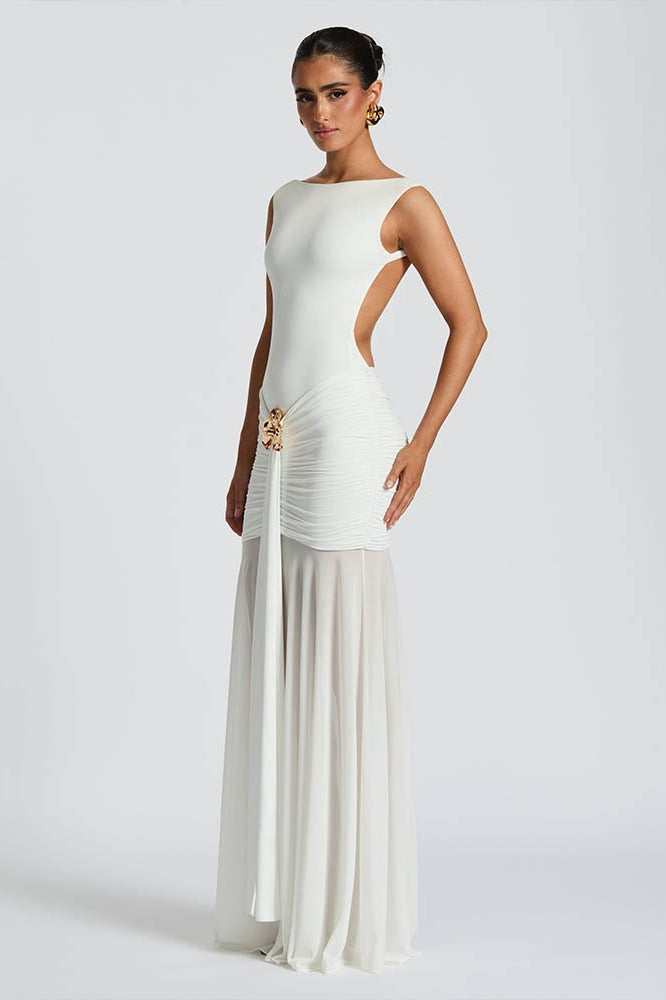 Sleeveless Backless Ruched Waist Brooch Detail Bodycon Maxi Dress