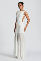 Sleeveless Backless Ruched Waist Brooch Detail Bodycon Maxi Dress