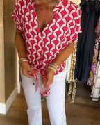 Short-sleeved V-neck printed casual top