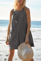 Solid Color Casual Round Neck Sleeveless Pocket Loose Rompers