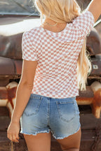 Checkered Ribbed Slim Fit Crew Neck T Shirt