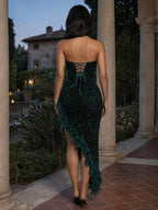 Burgundy Sequin Dresses Strapless Plunge Lace-up Back Feather Birthday Party Dresses