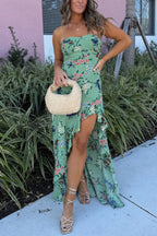 Botanical Print Off-shoulder Sleeveless Slim-fit High-slit Maxi Dress