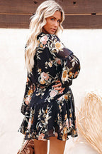 Floral Print V-Neck Button-Front Drawstring Waist Ruffle Hem Mini Dress