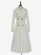 White Longline Woolen Coat Notched Lapel Double Breasted Belted Winter Full Length Outerwear For Women 2026
