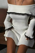 Ribbed Knit Off Shoulder Lace Trim Bell Sleeve Mini Sweater Dress