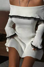 Ribbed Knit Off Shoulder Lace Trim Bell Sleeve Mini Sweater Dress