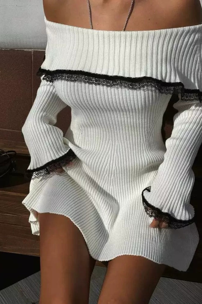 Ribbed Knit Off Shoulder Lace Trim Bell Sleeve Mini Sweater Dress