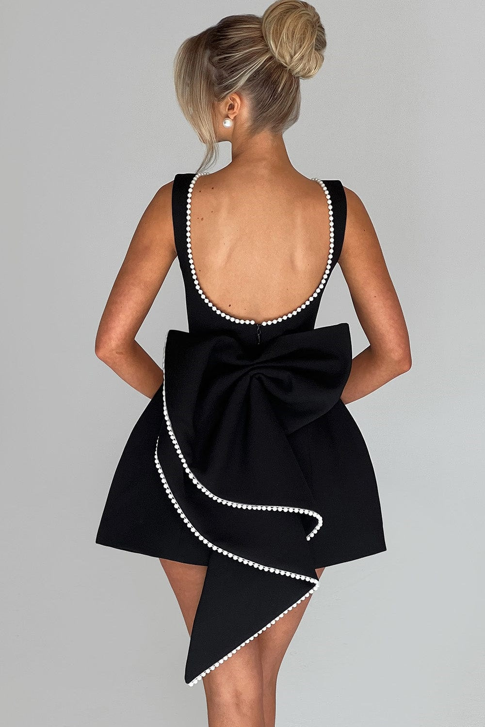 Scoop Back Pearl Trim Oversized Bow Back Mini Dress