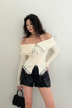 Distressed Knit Roll Collar Fitted Blouse