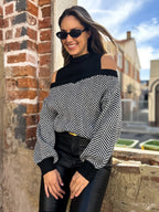 Pullovers For Women Black Color Block Jewel Neck Long Sleeves Open Shoulder Acrylic Sweaters