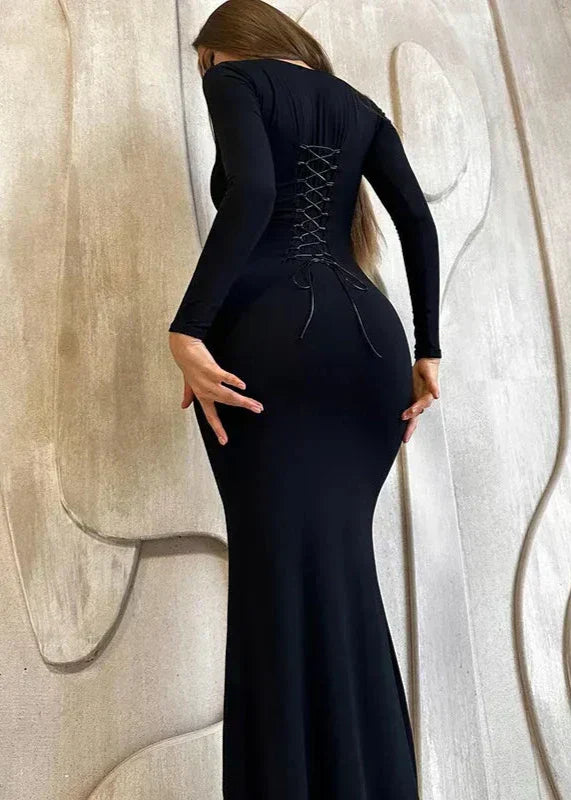Square Neck Long Sleeve Bodycon Maxi Dress