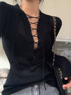Solid V Neck Lace Up Long Sleeve Knit