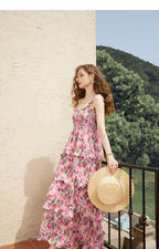Square Neck Smocked Bodice Tiered Ruffle Floral Print Maxi Dress