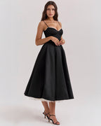 Lace Trim Corset Bustier Spaghetti Strap Pleated Pocket Tea Length Dress