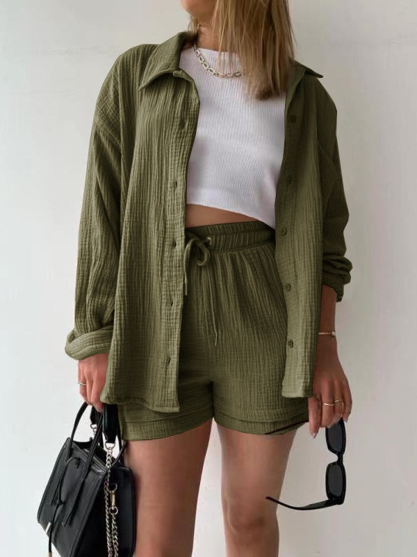 Long-sleeved Shirt And High-waisted Drawstring Shorts Casual Two-piece Set