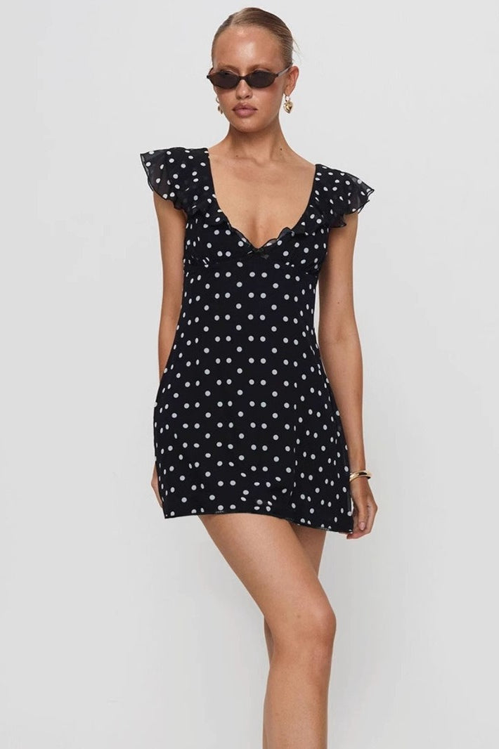 Polka Dot Ruffle V-Neck Cap Sleeve Fit and Flare Mini Dress