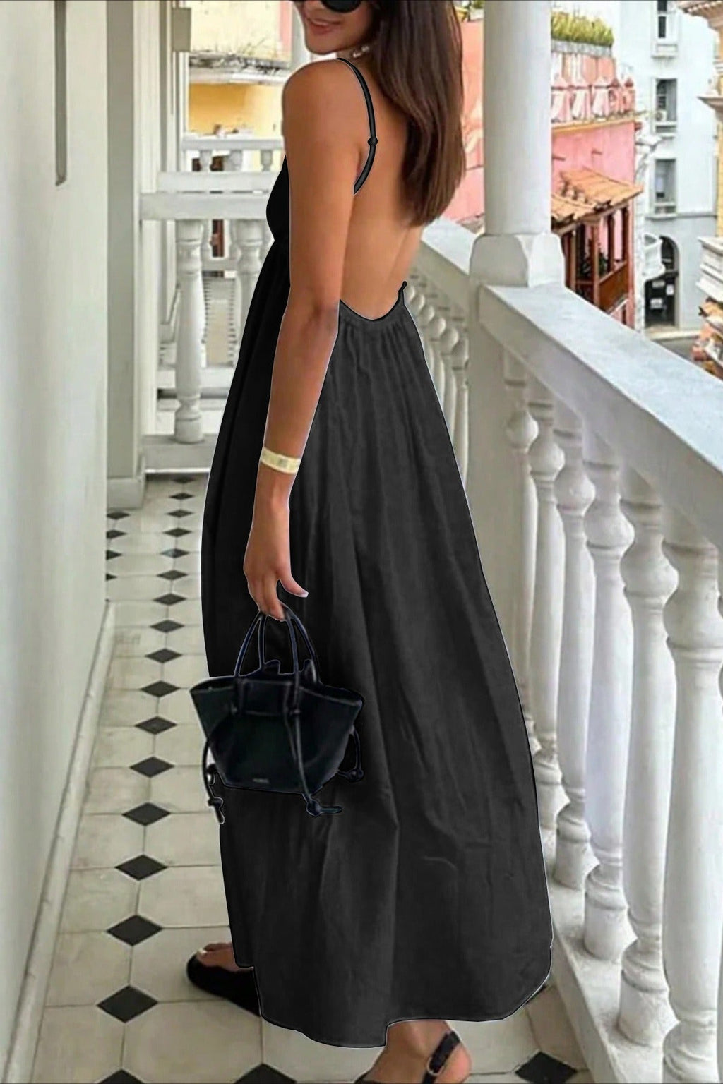 Spaghetti Strap Deep V Neck Empire Waist Flowy Maxi Dress