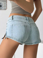 Low Waist Zipper Slit Denim Shorts