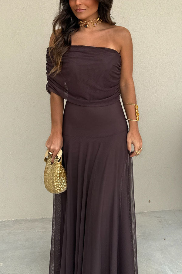 In My Arms Mesh Ruched Strapless Paneled Drape Flare Maxi Dress