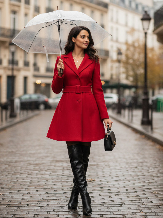Red Wool-Blend Flare Coat With Belt For Women 2026