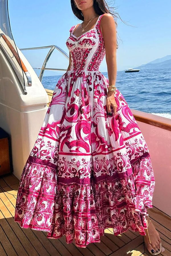 Tile Print Corset Bodice Tiered Ruffle Maxi Dress