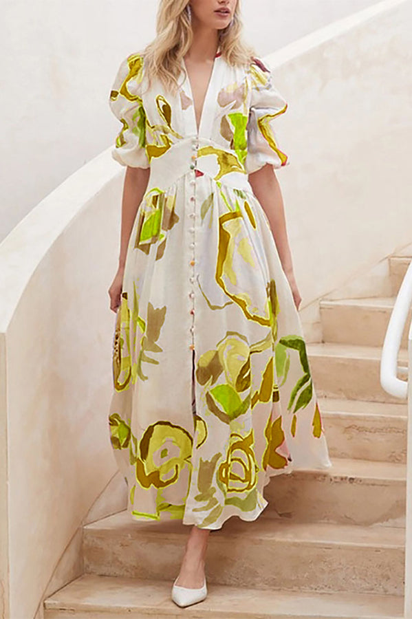 Abstract Watercolor Floral Puff Sleeve Button Maxi Dress