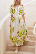 Abstract Watercolor Floral Puff Sleeve Button Maxi Dress