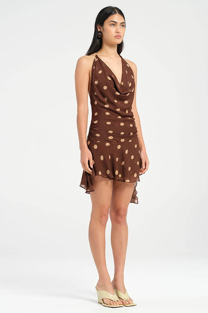 Polka Dot Halter Cowl Neck Ruffle Hem Mini Dress