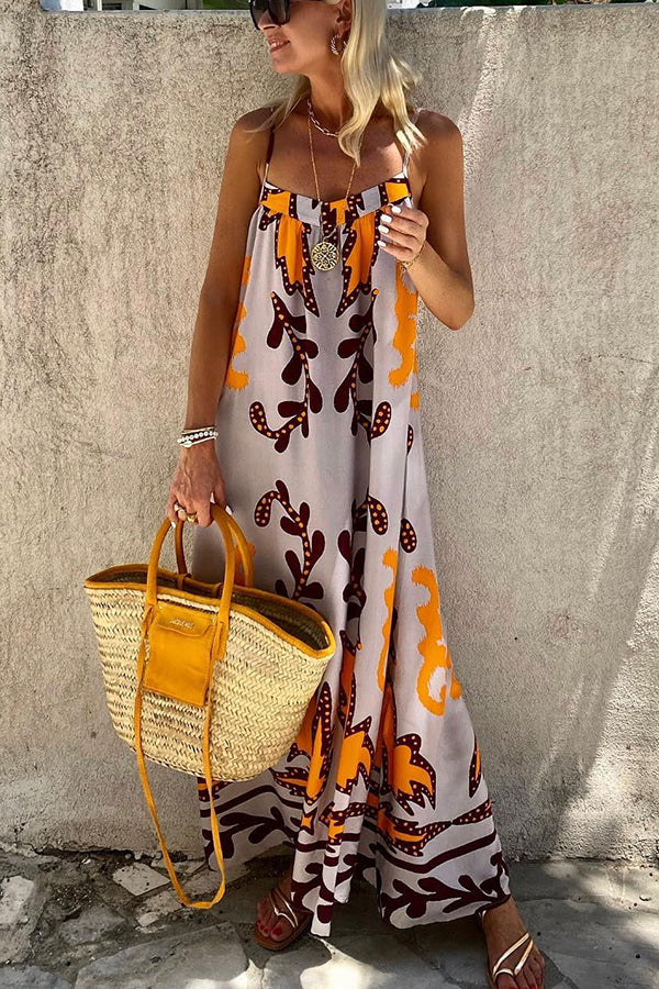 Ethnic Print Spaghetti Strap Loose Kaftan Maxi Summer Dress