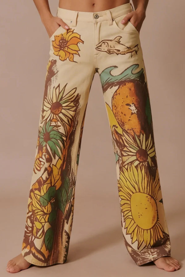 We The Free Denim Playful Doodle Printed Mid Rise Pocket Wide Leg Jeans