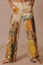 We The Free Denim Playful Doodle Printed Mid Rise Pocket Wide Leg Jeans