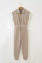 Solid Color Zip Front Short Sleeve Collared Jumpsuit