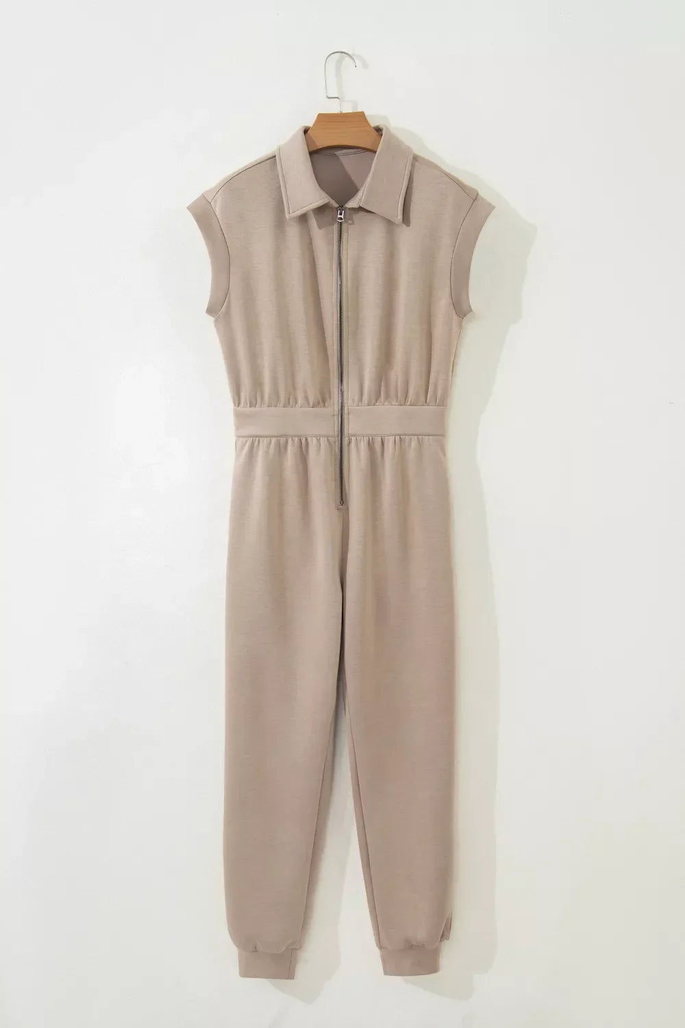 Solid Color Zip Front Short Sleeve Collared Jumpsuit