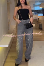 Fashion Star Rhinestone High Rise Casual Pocket Straight Loose Jeans