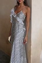 Polka-Dot Tiered Trim Satin Silk Dress