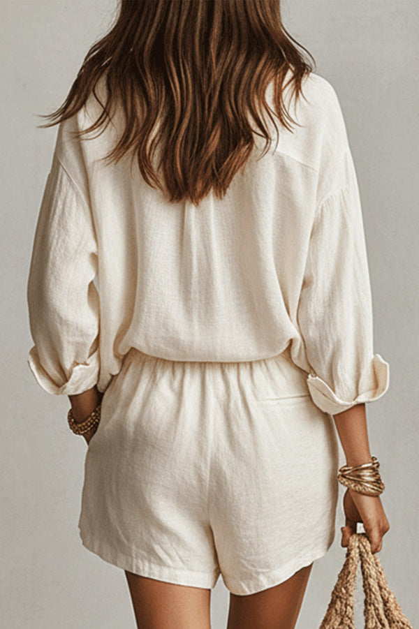 Linen Blend Loose-fitting Long-sleeved Collared Shirt and Elastic Waist Casual Pocket Shorts Set
