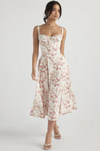 Floral Corset Sweetheart Spaghetti Strap Lace Trim A-Line Midi Dress