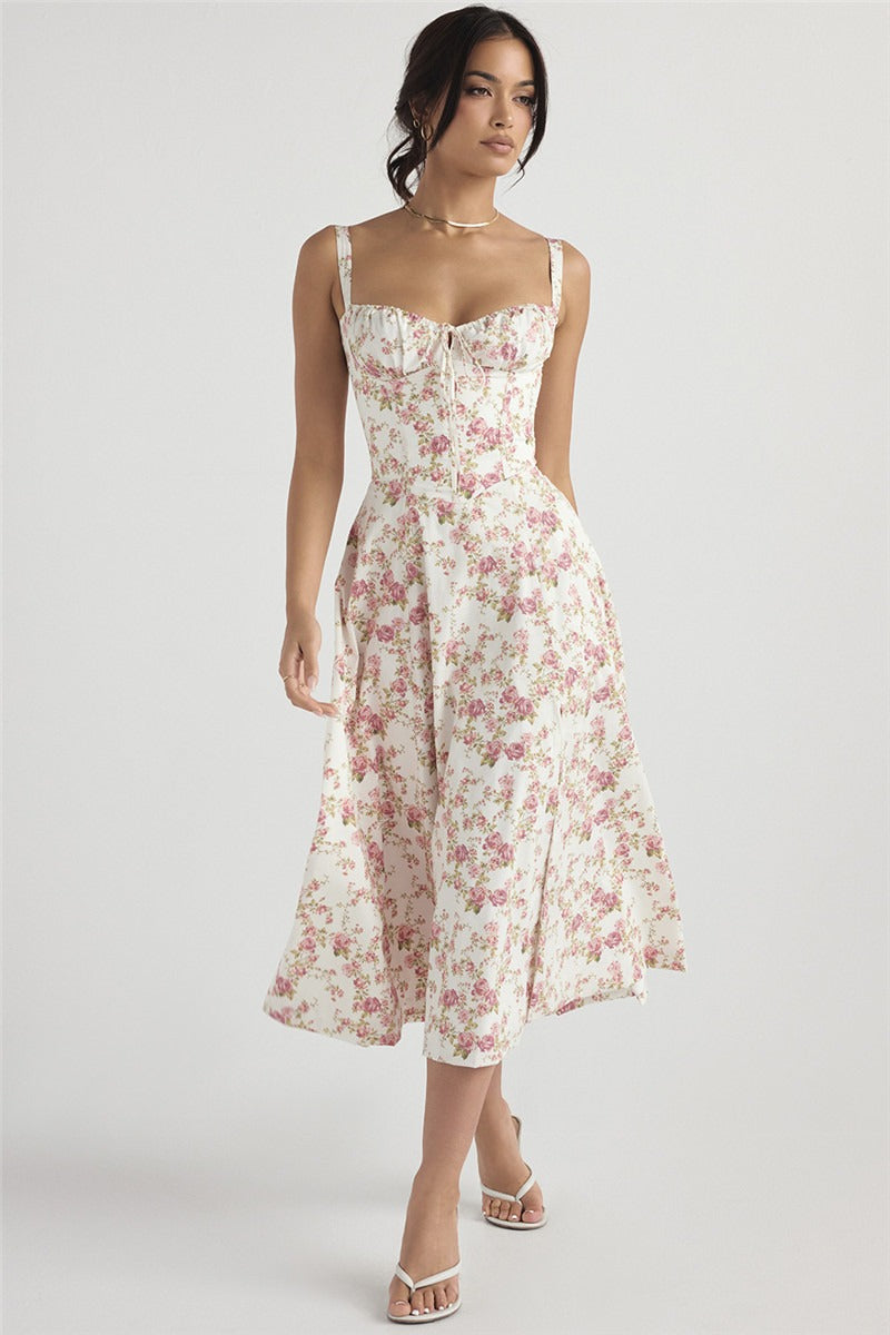Floral Corset Sweetheart Spaghetti Strap Lace Trim A-Line Midi Dress