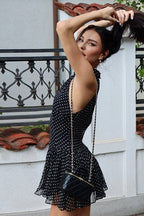 Black Halter Neck Polka Dot Ruffle Tiered Bubble Hem Mini Dress