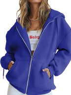 Solid Drawstring Zip Up Oversized Hoodie