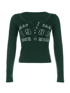 Number Letter Print Breasted Slim Long Sleeve Tee