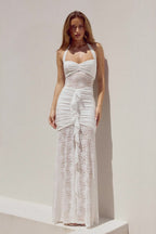 Lace Halter Sweetheart Ruched Sheer Panel Center Ruffle Maxi Dress