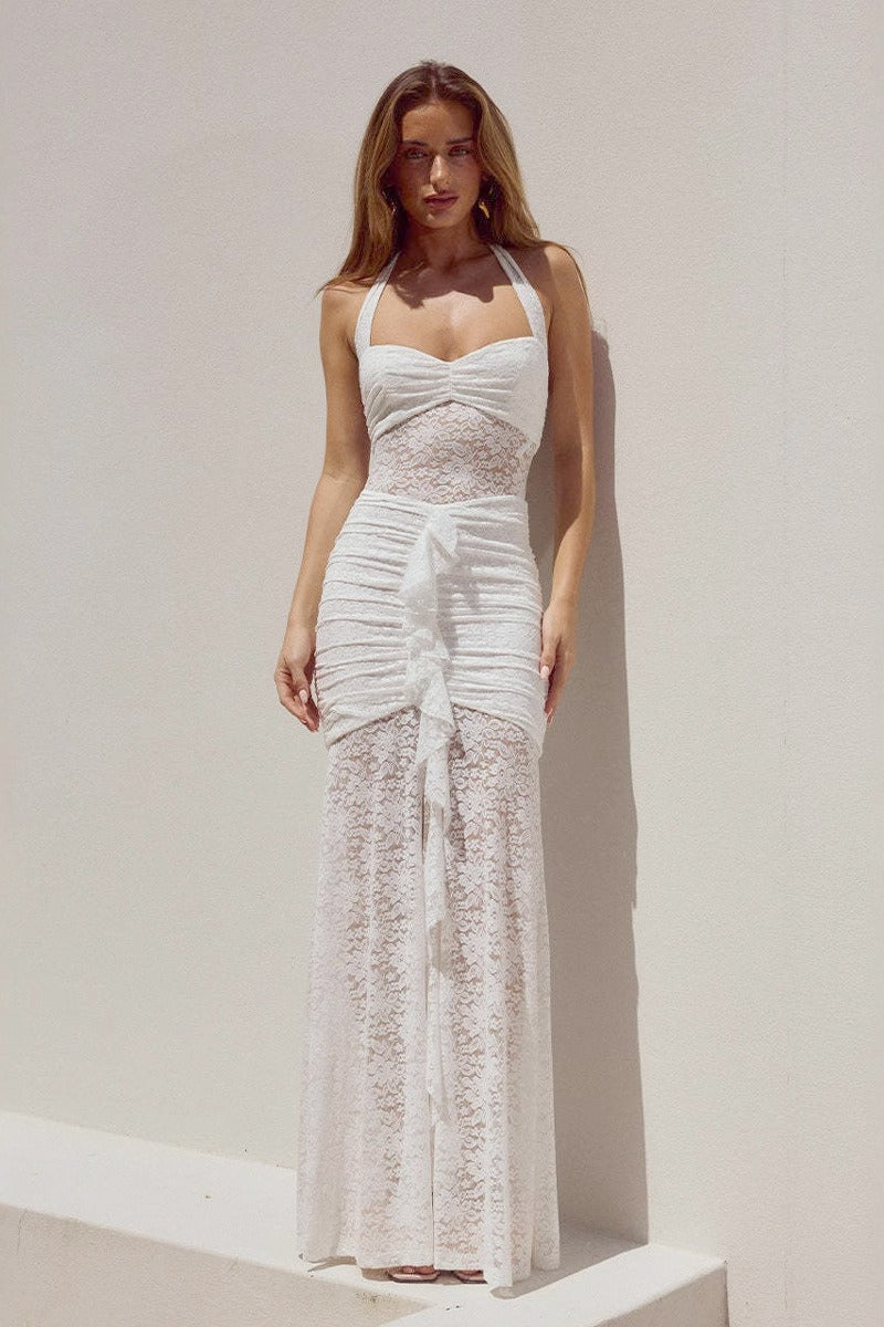 Lace Halter Sweetheart Ruched Sheer Panel Center Ruffle Maxi Dress